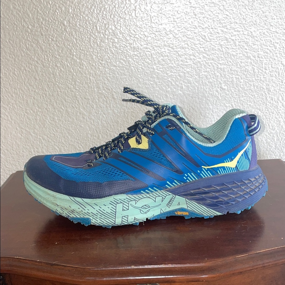HOKA ONE ONE Speedgoat 4 Women’s Trail Running Shoes – Blue/Light Green, Vibram